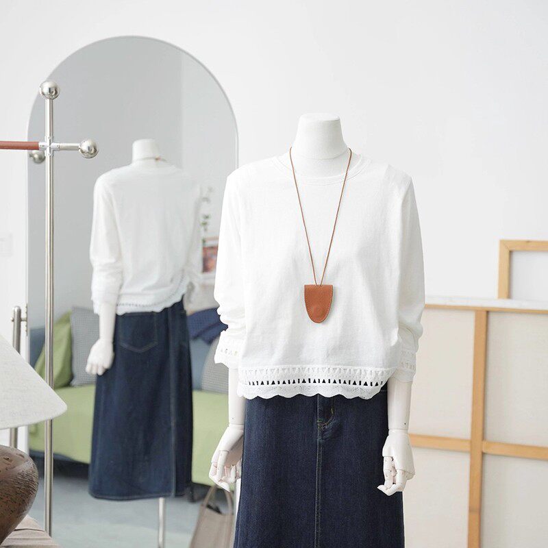 【芭拉婷】高级感蕾丝拼接纯棉长袖t恤女大码2026秋新款洋气独特