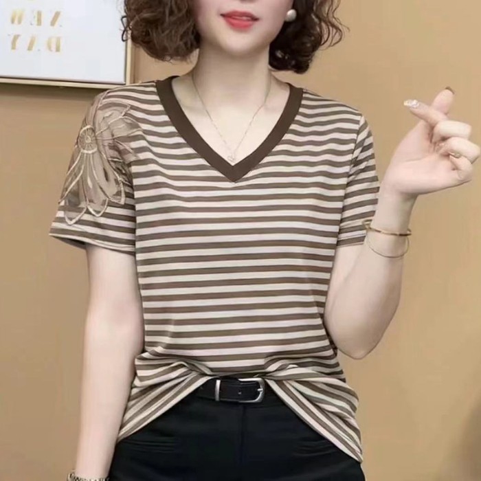 【棉95氨纶5】夏季设计感拼接镂空T恤日常简约柔软舒适V领条纹短