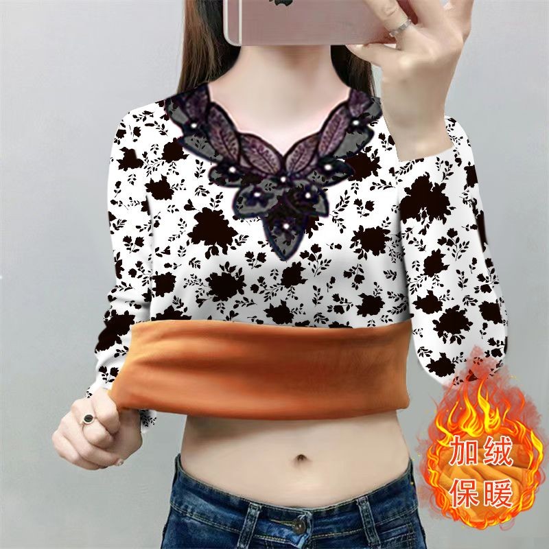 【复合真超】中老年蕾丝打底衫女装新款时尚印花长袖修身显瘦上衣