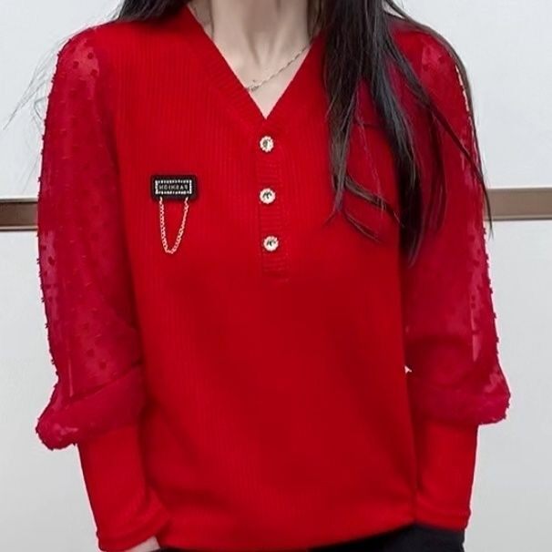 春秋新款V领小香风长袖套头衫长袖上衣女打底短款针织雪纺袖宽松
