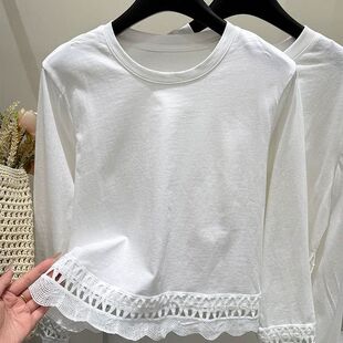 上衣下摆打花边2026宽松女士【蕾丝长袖洋气】镂空拼接新款芭拉婷