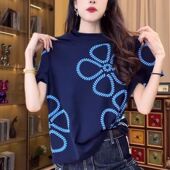欧货时尚 新款 宽松显瘦百搭洋气上衣 T恤女2026夏季 藏蓝色印花短袖