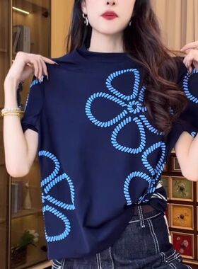 藏蓝色印花短袖T恤女2026夏季新款欧货时尚宽松显瘦百搭洋气上衣