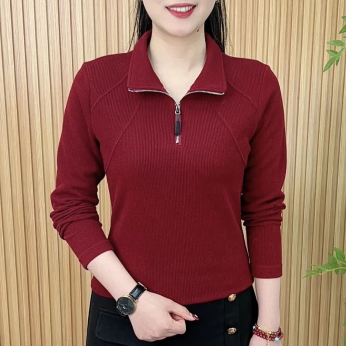 【芭拉婷】女士翻领春秋季长袖t恤拉链大码宽松体恤妈妈女装显瘦p
