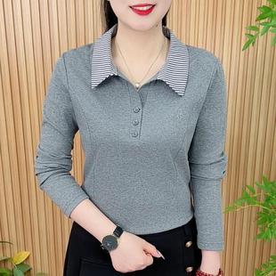 简约秋季 条纹休闲女士潮流翻领设计长袖 纯棉百搭时尚 刺 芭拉婷