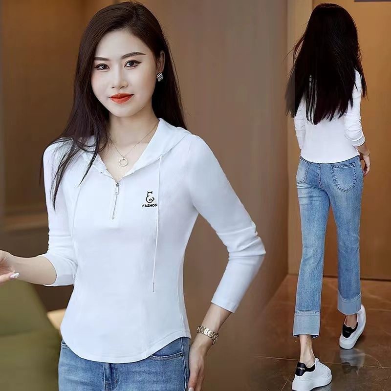 【芭拉婷】早秋半拉链长袖T恤女连帽春秋装新款刺绣百搭休闲打底