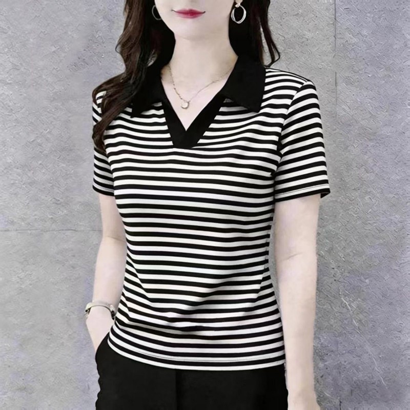 短袖条纹T恤品质上衣女POLO衫大码女装洋气时尚百搭翻领有领体恤