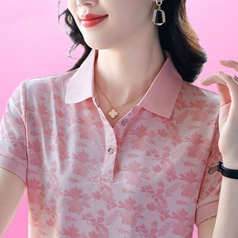 翻领短袖t恤女夏季2026新款洋气妈妈夏装上衣正肩polo衫大码T恤衫