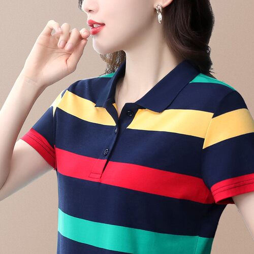 【棉95氨纶5】女士衬衫条纹短袖t恤中年妈妈潮流气质翻领显瘦polo