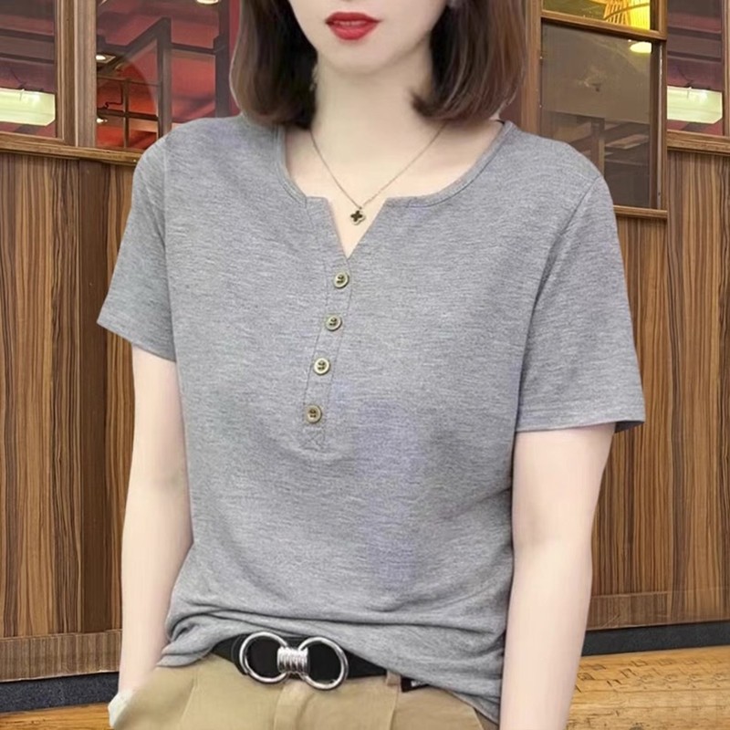【芭拉婷】夏季新款妈妈短袖t恤女中年大码女装洋气V领纯色显瘦小