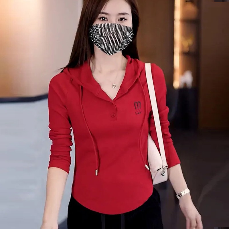 【芭拉婷】冰丝螺纹春秋装连帽长袖2026新款女士薄款修身T恤衫上