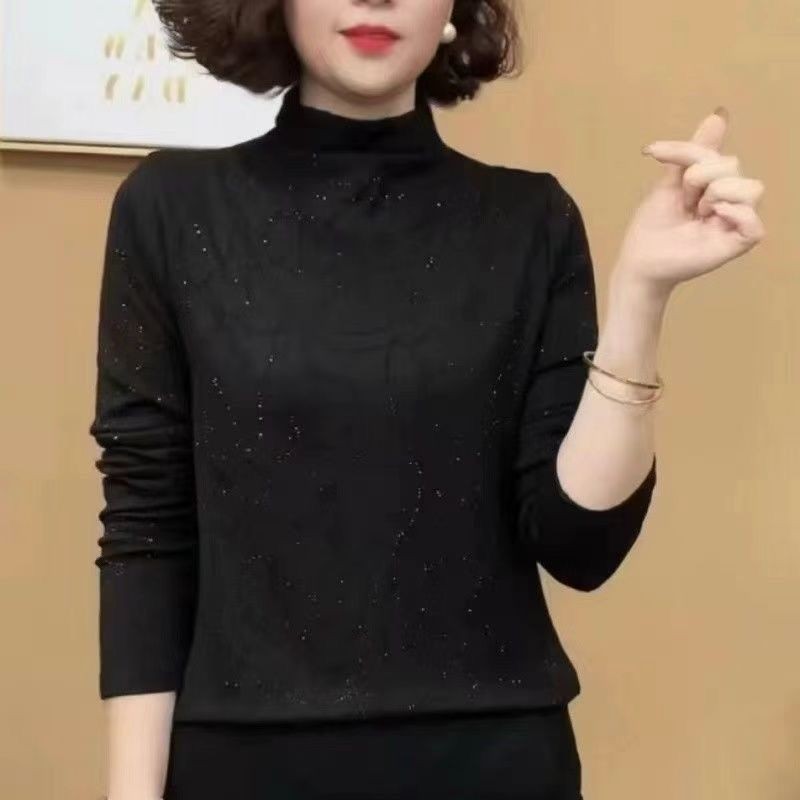 新款洋气加厚德绒打底衫女秋冬妈妈内搭显瘦半高领镶钻长袖上衣女