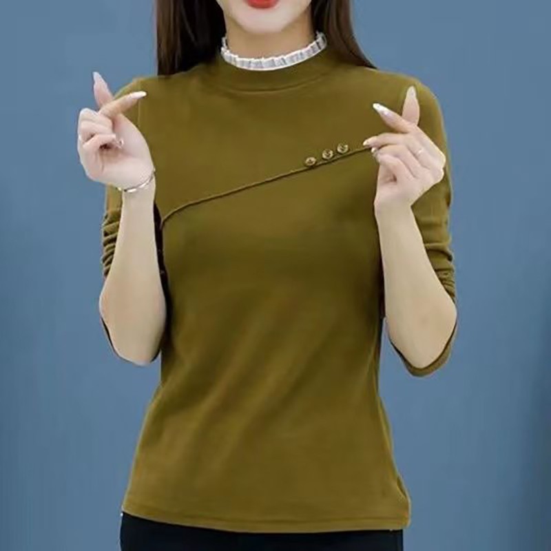 【芭拉婷】秋冬季德绒长袖T恤女士内搭纯色百搭显瘦上衣半高领洋