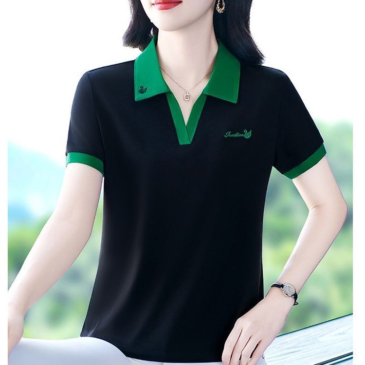 撞色POLO衫短袖t恤女韩版时尚百搭运动休闲大码中老年妈妈上衣