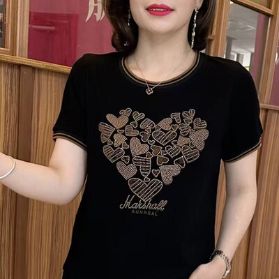 【95棉5氨纶】2026夏季百搭设计感烫钻圆领短袖新款时尚气质减龄T