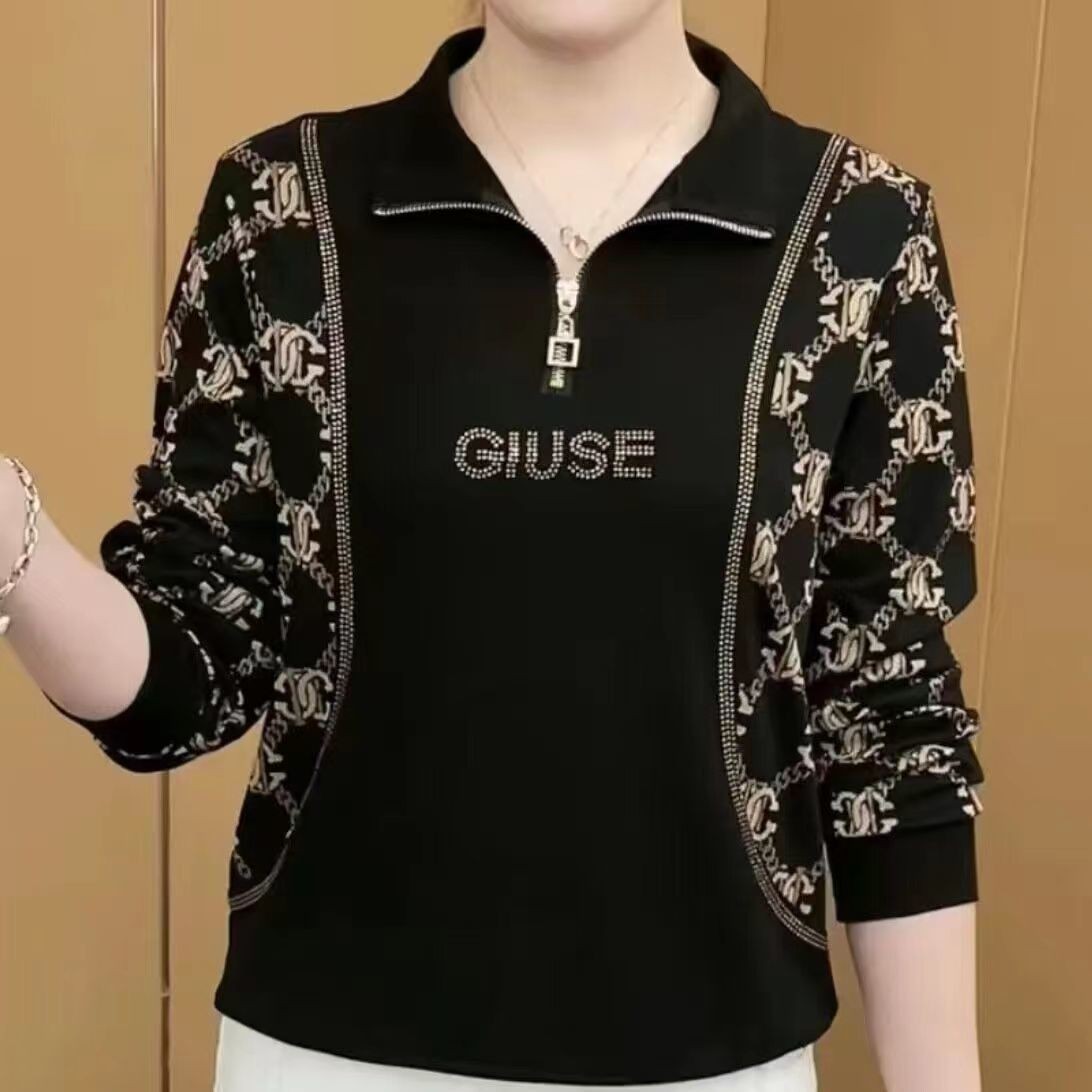 2026拼接卫衣烫钻妈妈装打底衫减龄女百搭上衣夏季大码半拉链短袖