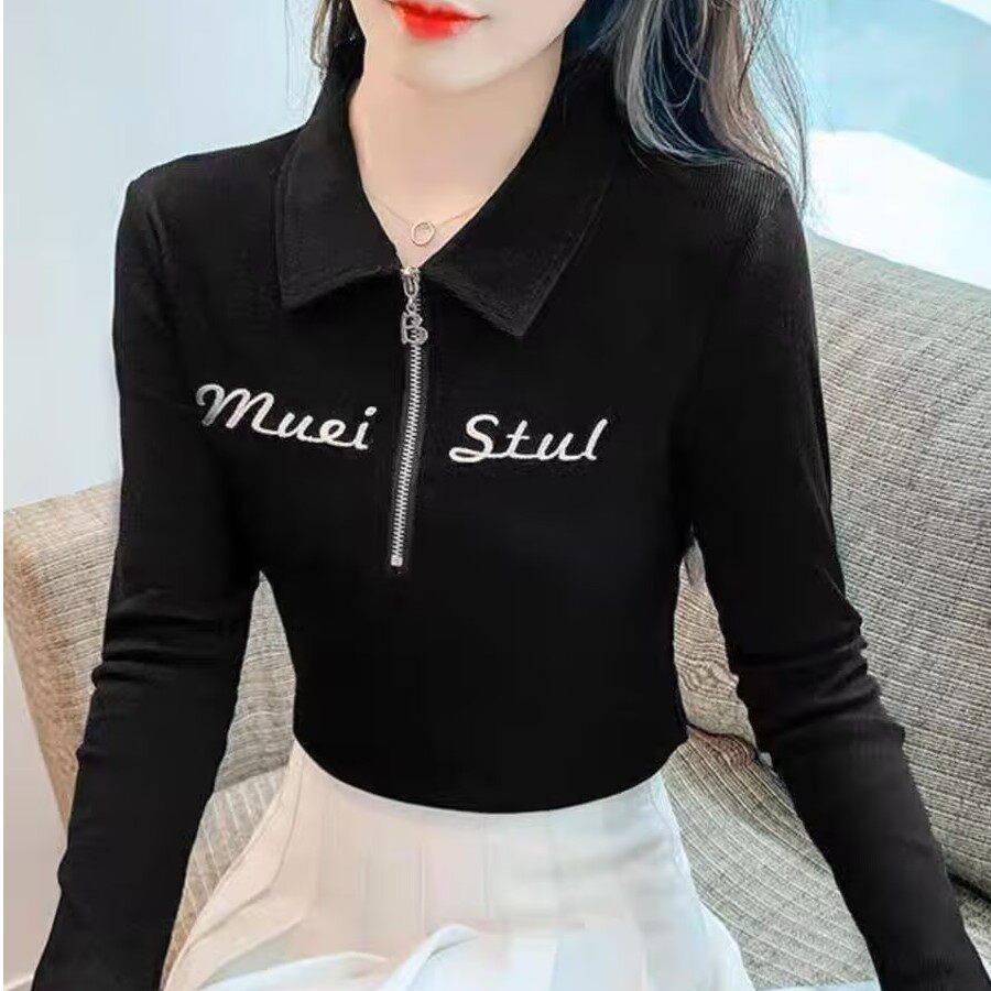 【芭拉婷】春秋装长袖T恤女士打底衫polo衫修身显瘦韩版大码女装