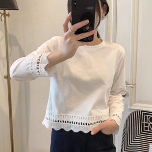 洋气减龄拼接蕾丝镂空内搭打底衫 长袖 正肩t恤上衣女士早春秋款