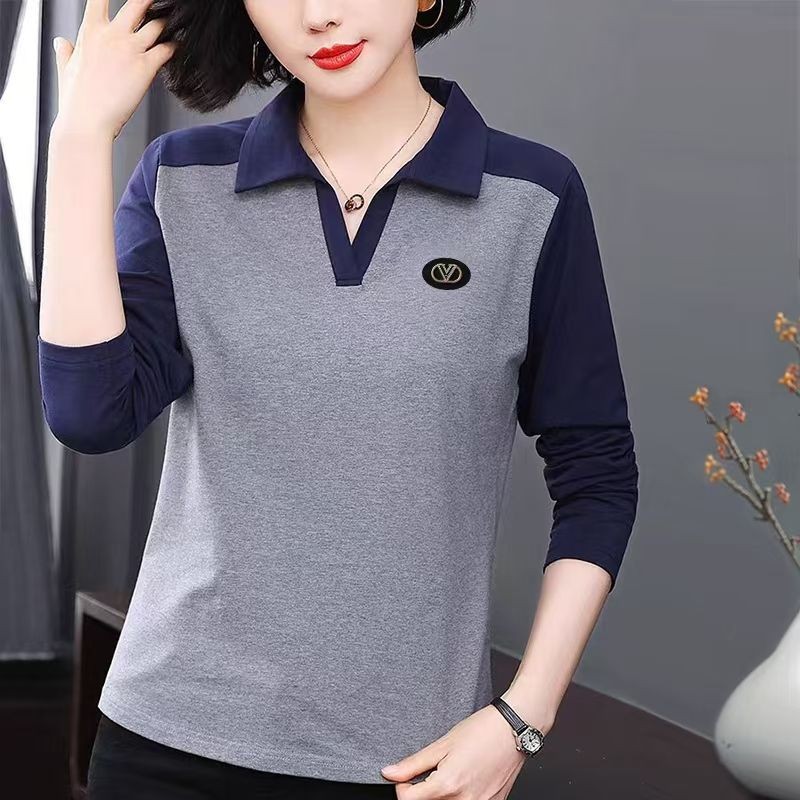 新款女有领大码女士上衣妈妈潮T恤拼接衫长袖popl撞色宽松春秋季