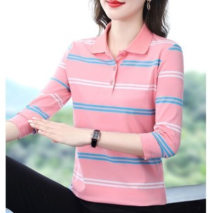 春秋装 衫 2025上衣翻领POLO宽松女装 显瘦妈妈休闲潮长袖 条纹 T恤衫