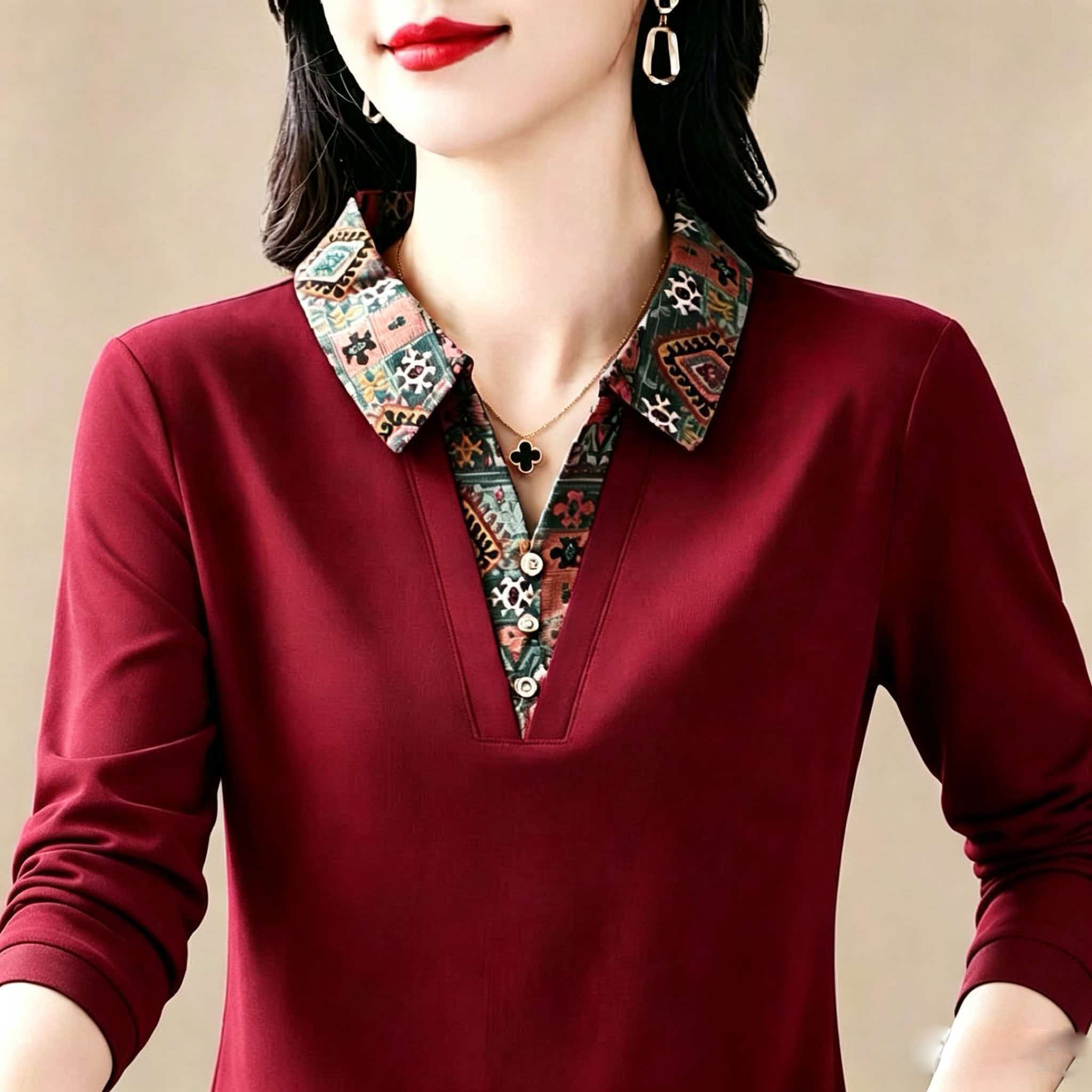 【芭拉婷】中老年妈妈装长袖衫上衣女装T恤春秋季新款洋气翻领大