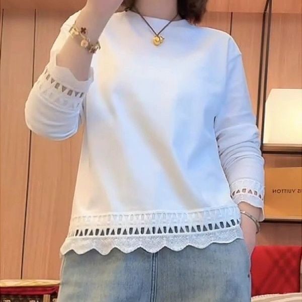 【芭拉婷】纯棉胖mm大码蕾丝拼接长袖t恤女春季新款打底衫洋气独