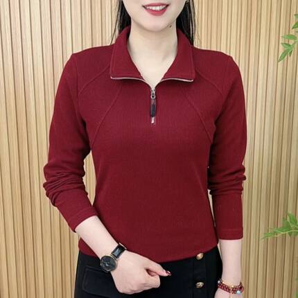 女士翻领春秋季长袖t恤拉链大码宽松体恤妈妈女装显瘦polo衫上衣