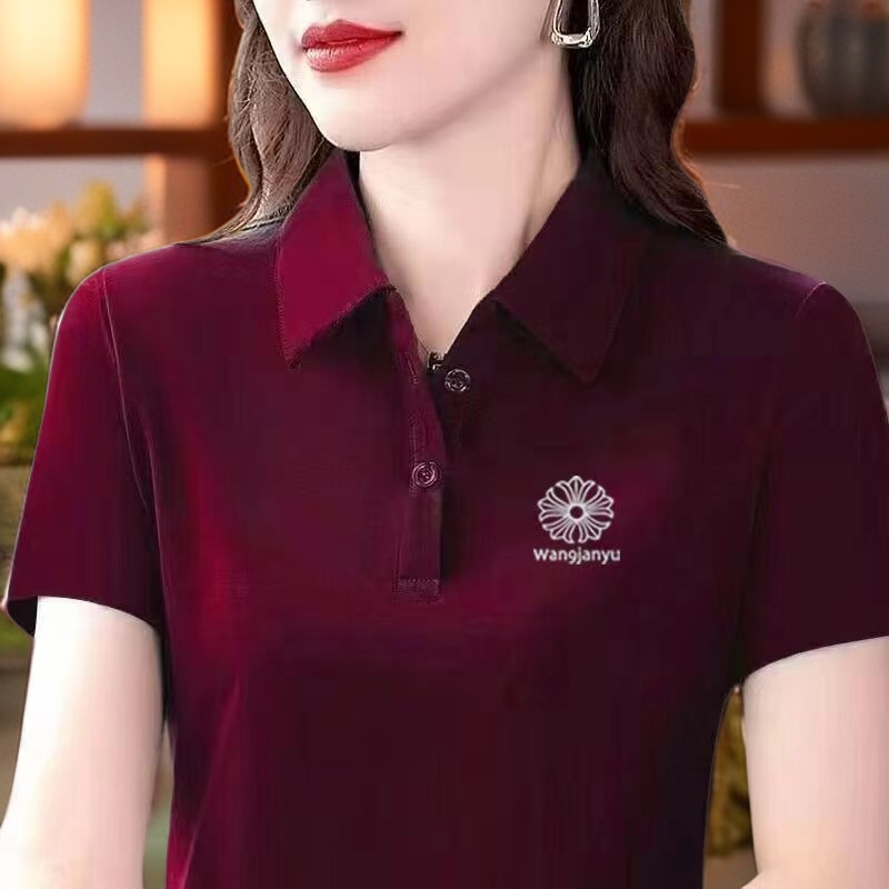 百搭运动妈妈Polo减龄款翻领遮肚休闲上衣新款衫短袖中年装大码