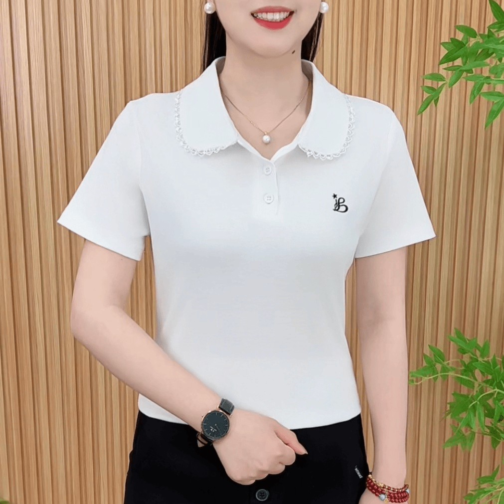 短袖T恤女士纯色刺绣修身休闲新款中老年时尚潮上衣