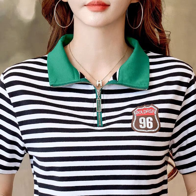 高档polo衫条纹短袖t恤女装半拉链翻领撞色休闲百搭大码妈妈上衣