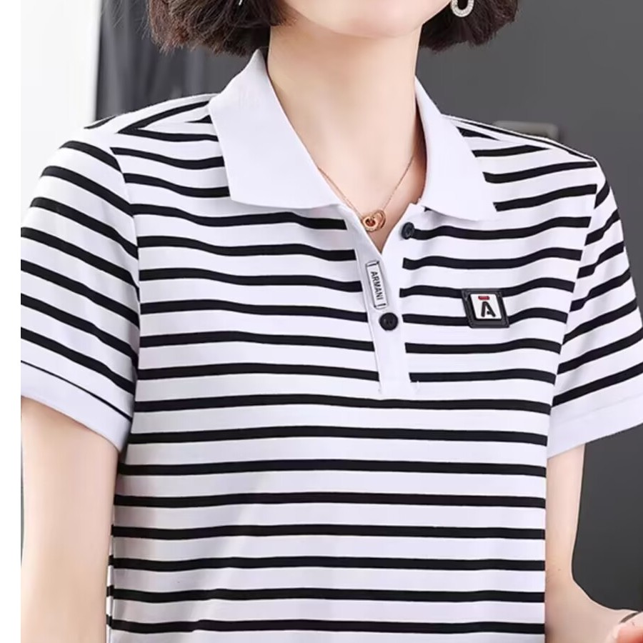 夏装短袖t恤女士洋气条纹时尚polo衫2026新款中年妈妈体恤衫上衣