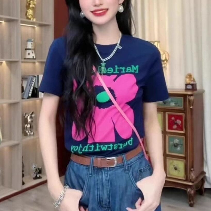 2026新款独特别致花朵印花短袖女T恤夏季洋气减龄小众设计感上衣