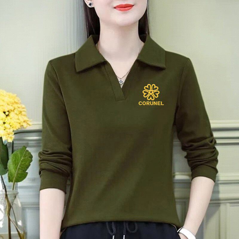 POLO领春秋季薄款百搭气质打底衫大码洋气显瘦长袖女士翻领衬衫