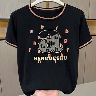 【95棉5氨纶】夏季时尚小众设计烫钻圆领短袖新款洋气减龄款显瘦T