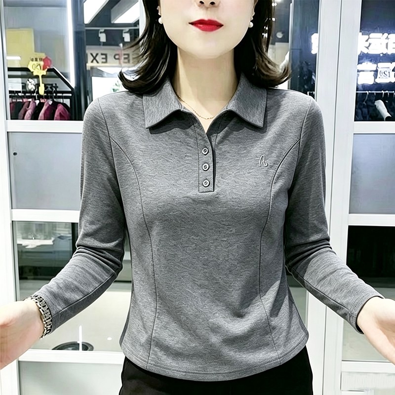 【芭拉婷】t恤女士春秋季时尚洋气简约纯色翻领长袖刺绣显瘦POLO