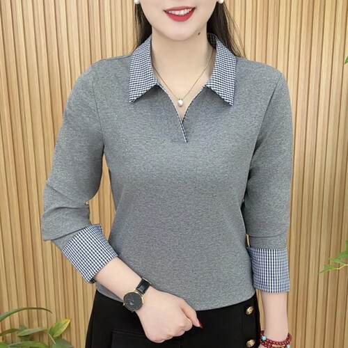 【芭拉婷】简约女士打底翻领翻领长袖显瘦洋气刺绣春秋季polo小衫