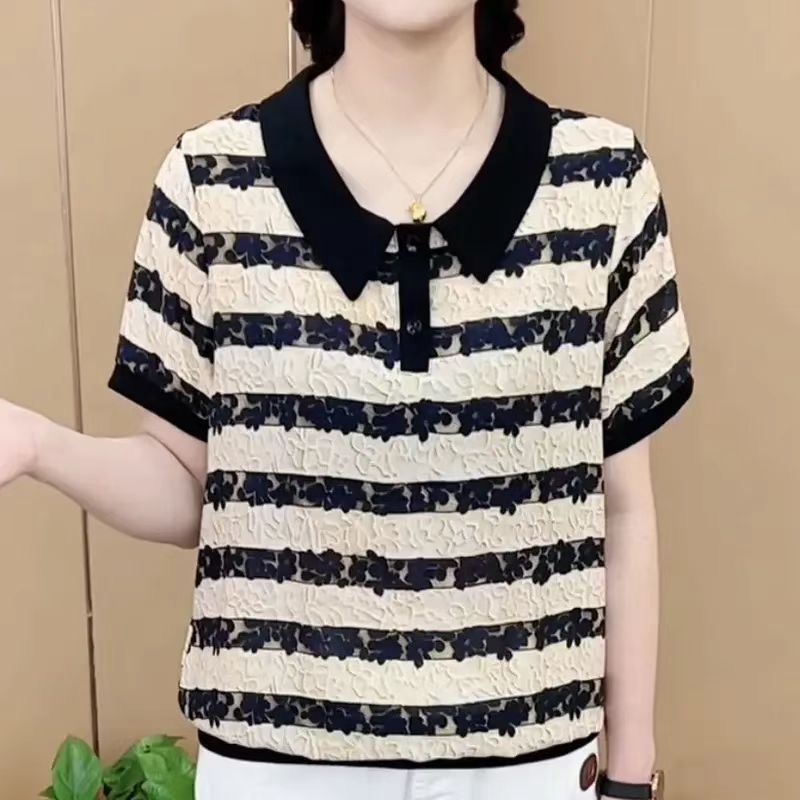 夏季新款女士时尚娃娃领洋气条纹小衫妈妈装气质显瘦百搭短袖T恤