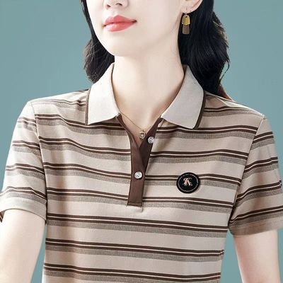 中老年妈妈装2025夏季女士Polo领翻领条纹撞色休闲薄款短袖T恤衫