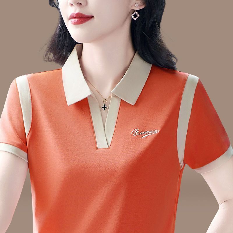 翻领polo衫短袖t恤女装拼接撞色2026新款休闲百搭大码妈妈装上衣