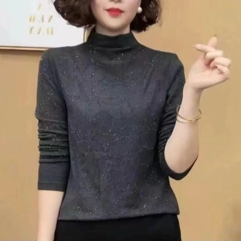新款女秋冬妈妈洋气加厚德绒打底衫内搭显瘦半高领镶钻长袖上衣女