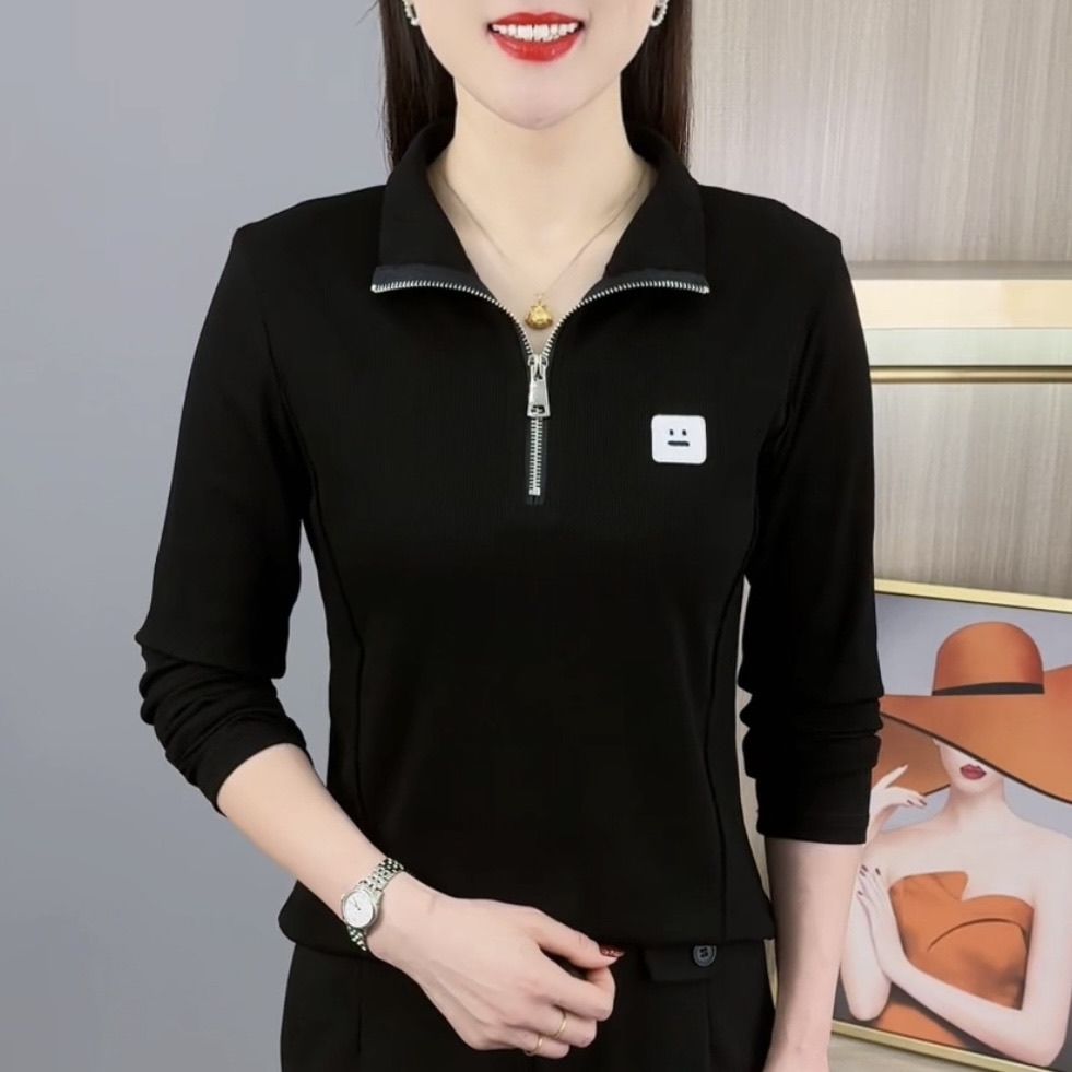 女士翻领春秋季长袖t恤拉链大码宽松体恤妈妈女装显瘦polo衫上衣