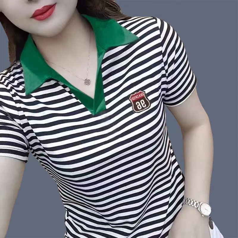 2025新款短袖t恤女装夏季洋气年轻显瘦条纹翻领POLO衫女士上衣
