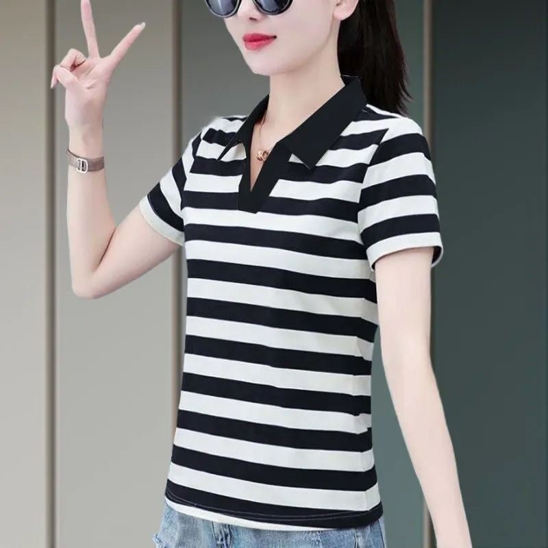2026夏季新款女装短袖t恤女士时尚洋气翻领条纹减龄气质大码上衣