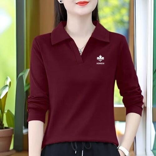 工厂直销100%T恤女长袖中年妈妈装翻领修身显瘦大码印花上衣秋衣