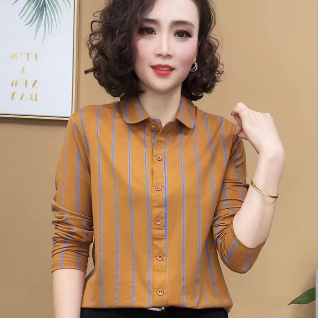 【芭拉婷】6535拉架后包领  气质打底衫大码洋气条纹显瘦长袖女士