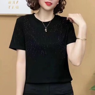 芭拉婷 妈妈装 高档短袖 新款 宽松遮肚子显瘦 t恤女圆领烫钻秋季