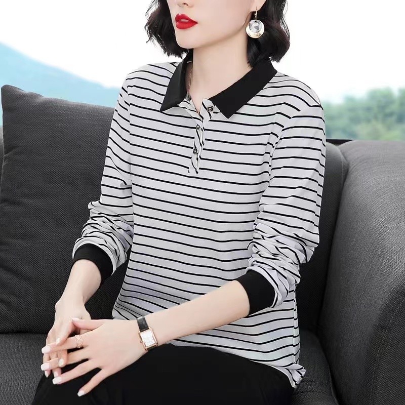 【芭拉婷】中年妈妈秋季宽松条纹长袖t恤女士减龄新款大码洋气小