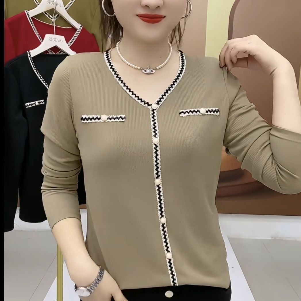 新款春秋V领打底衫修身显瘦洋气百搭纯色T恤女中年妈妈装长袖上衣