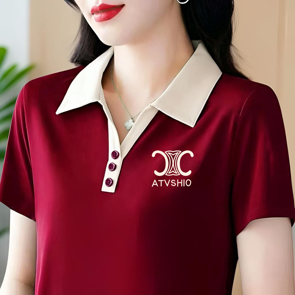 韩版显瘦女夏季格子领polo衫妈妈翻领短袖品质时尚休闲大码运动女