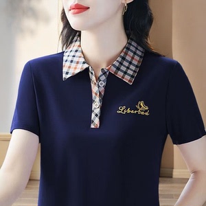 高品质上衣潮翻领凉爽短袖夏季新款妈妈POLO格子领休闲运动上衣女